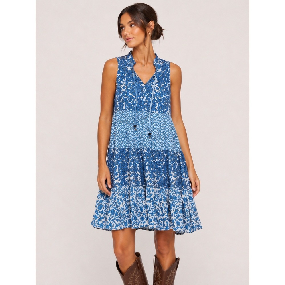 Chelsea & Theodore Blue Floral Tiered Cottagecore Boho Cotton Dress NWT New XS
